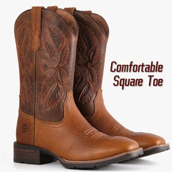 NIB Genuine Full Grain Leather Boots Mens 10 & 10.5 Square Toe Embroidery - Picture 2 of 10